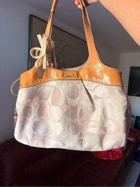 Coach Shoulder Bag in Cream Signature Canvas with Tan Leather Trim